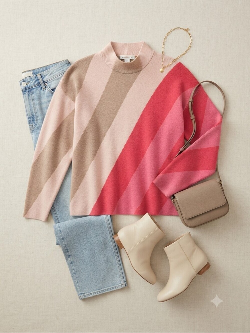 Liz Claiborne Red Pink Tan Cream Diagonal Stripe Mock Neck Sweater